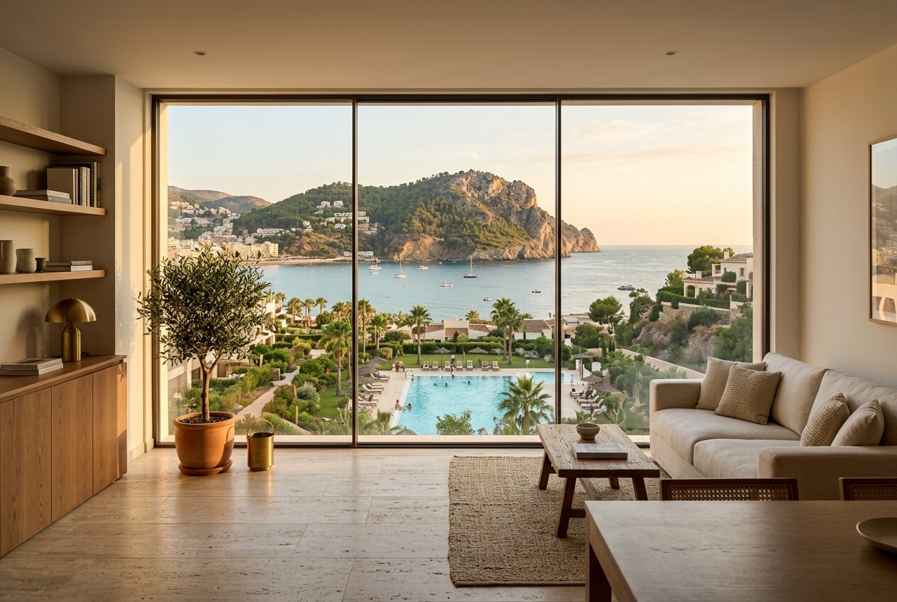 Interior de lujo con vistas a las zonas comunes y el mar desde una 5ª planta
